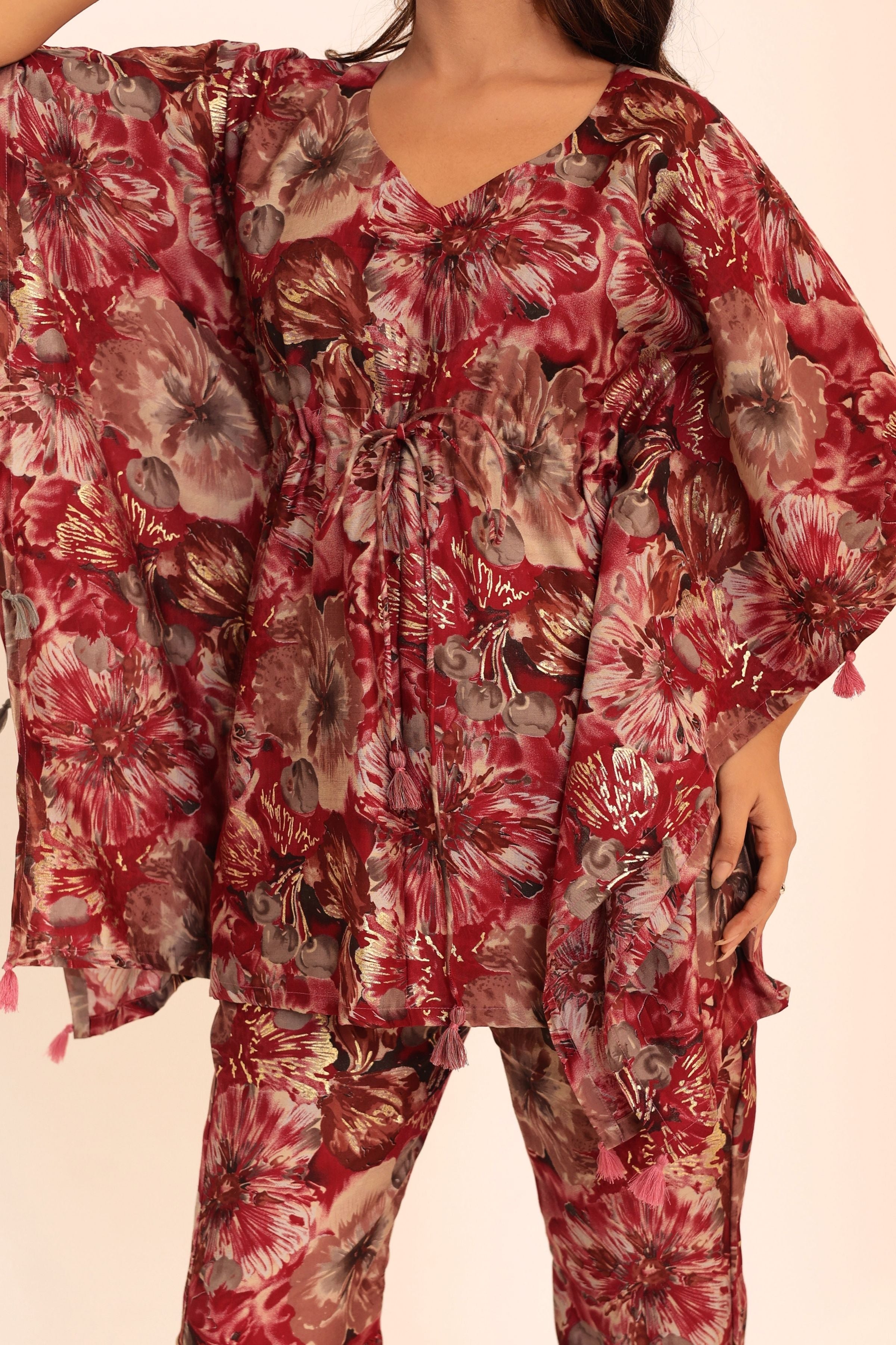 Multicolor Floral Printed Western Style Cord-Set Kaftan Top and Pant - Kaoribyshreya