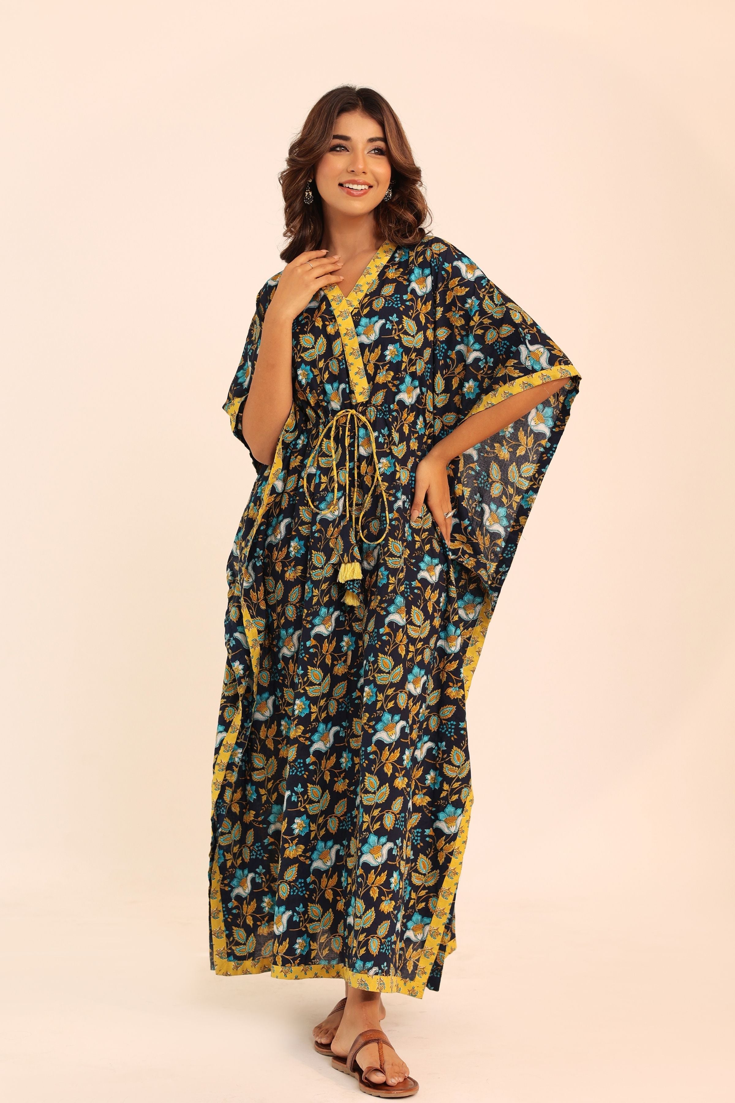 Multicolor Printed Relaxed Cotton Kaftan Kurta With Waist Dori - Kaoribyshreya