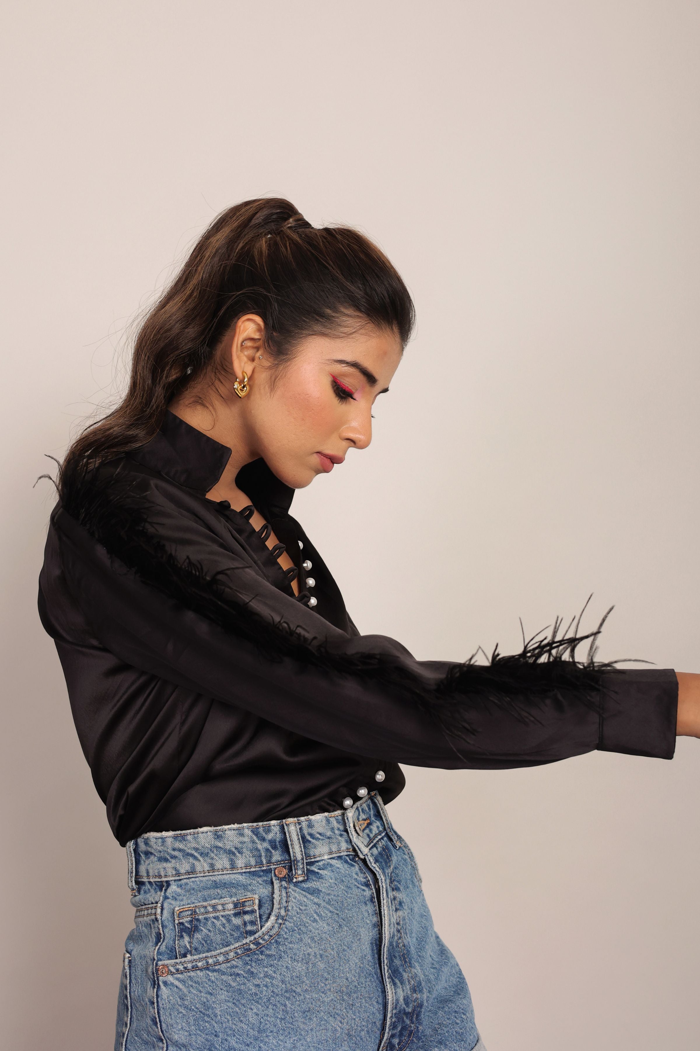 Black Satin Feather Sleeves Shirt - Kaoribyshreya