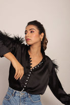 Black Satin Feather Sleeves Shirt - Kaoribyshreya