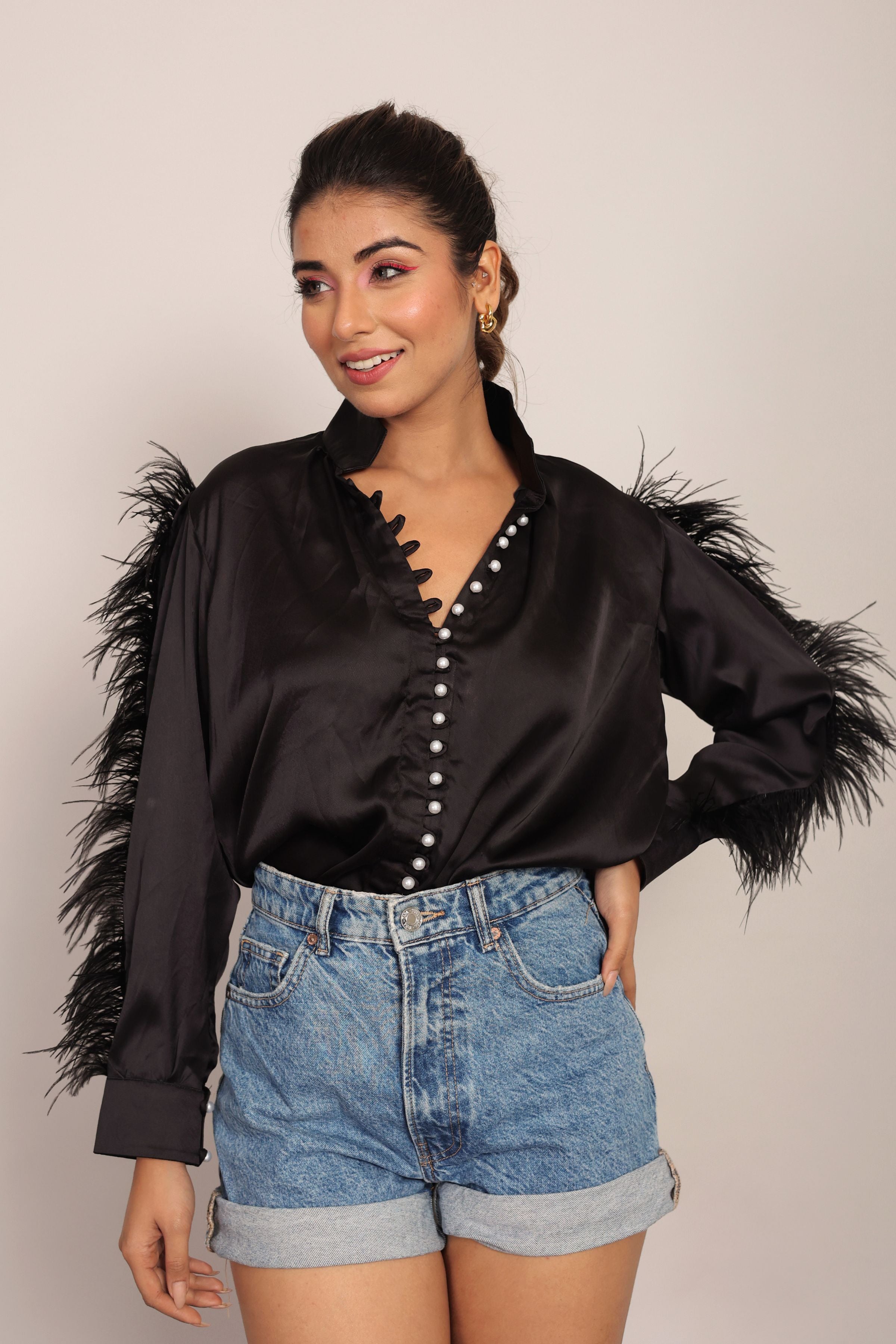 Black Satin Feather Sleeves Shirt - Kaoribyshreya