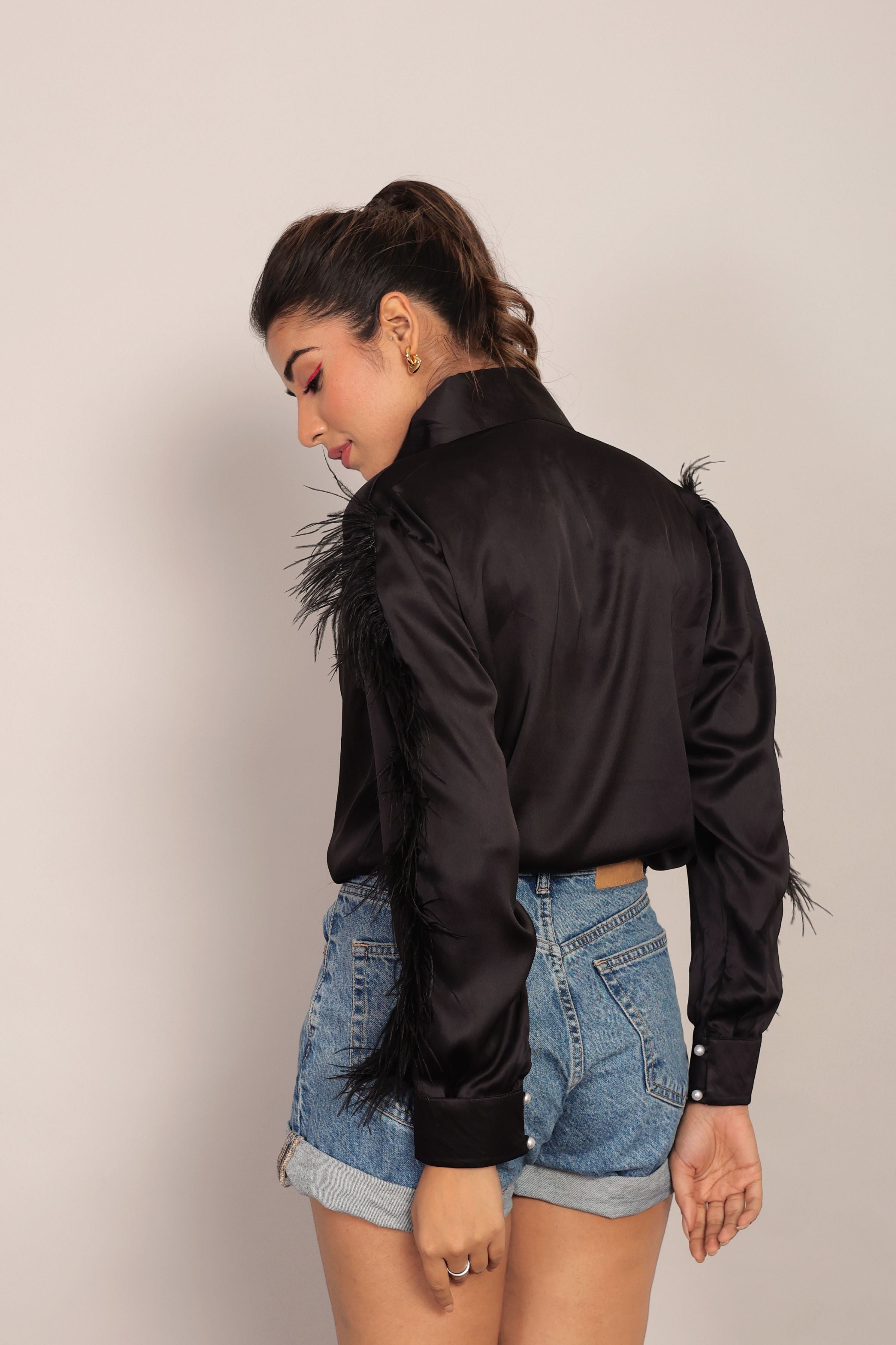 Black Satin Feather Sleeves Shirt - Kaoribyshreya