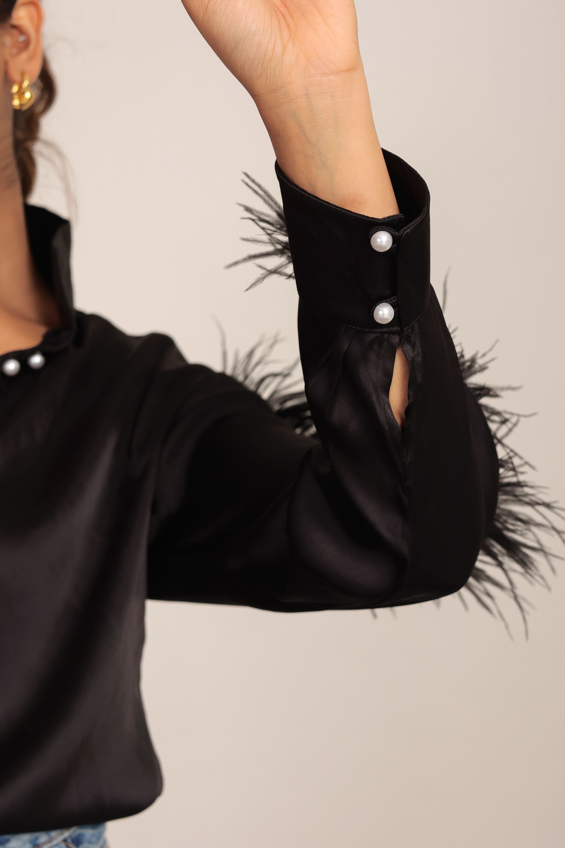 Black Satin Feather Sleeves Shirt - Kaoribyshreya