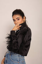 Black Satin Feather Sleeves Shirt - Kaoribyshreya