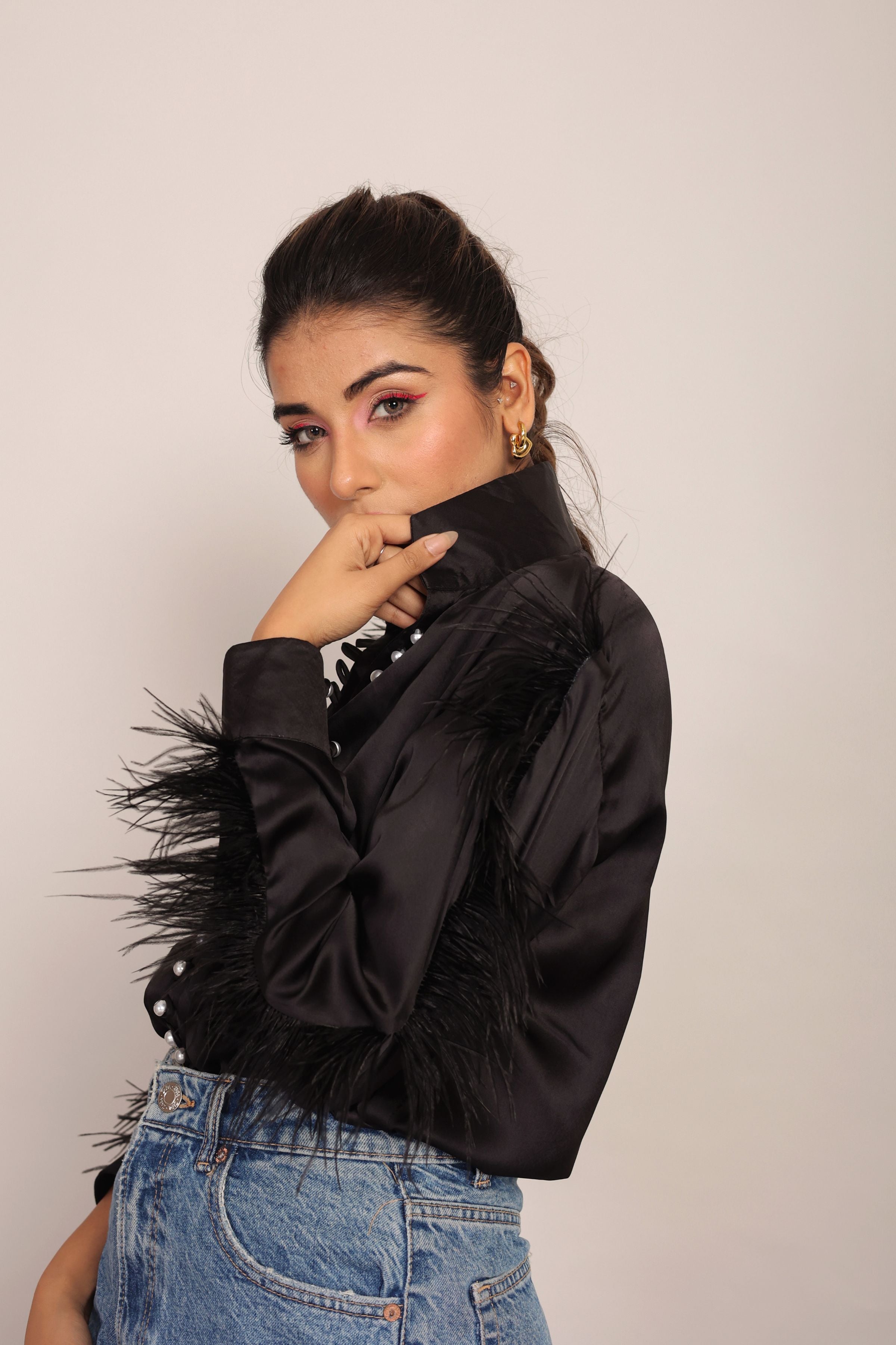 Black Satin Feather Sleeves Shirt - Kaoribyshreya