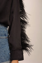 Black Satin Feather Sleeves Shirt - Kaoribyshreya