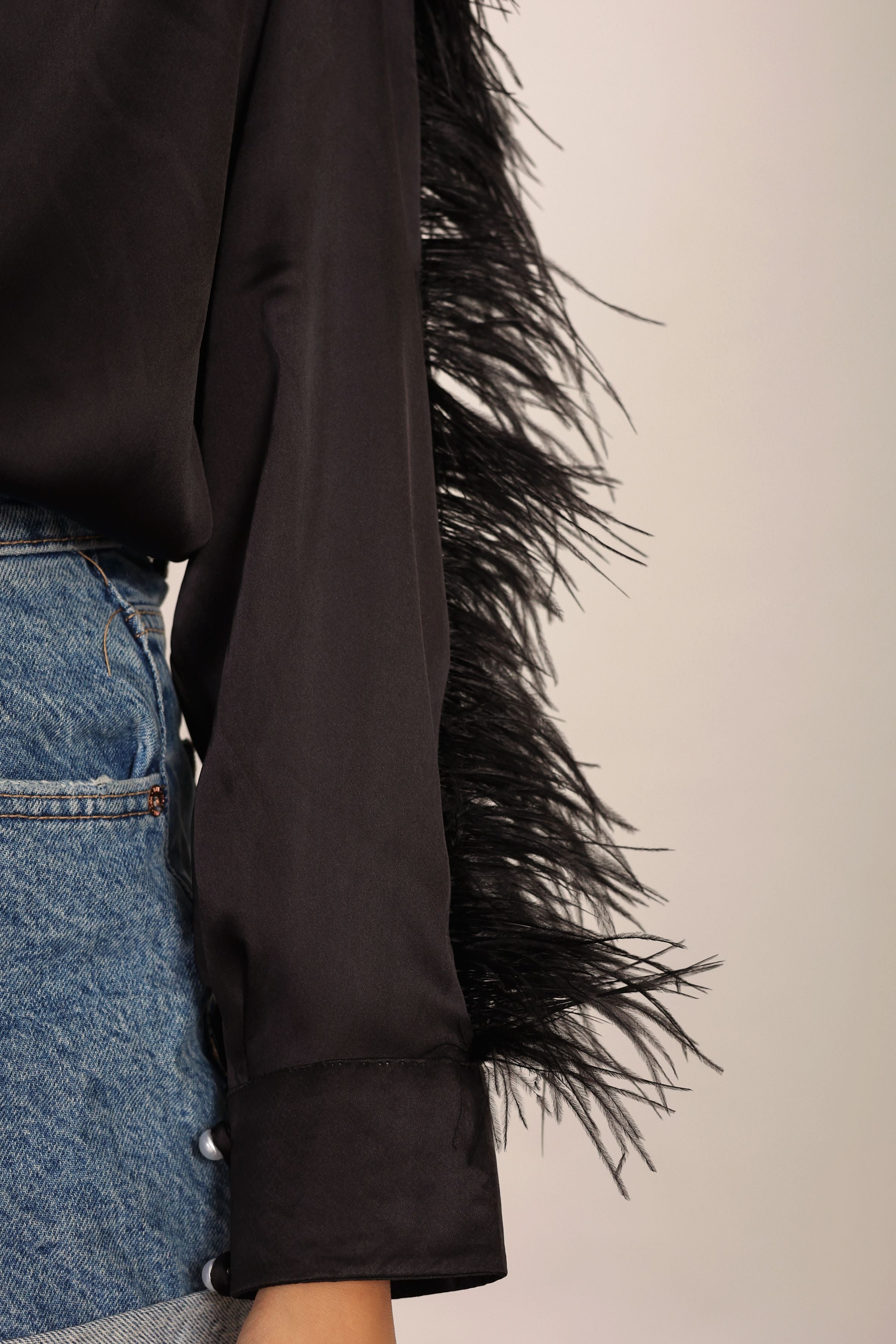 Black Satin Feather Sleeves Shirt - Kaoribyshreya