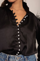 Black Satin Feather Sleeves Shirt - Kaoribyshreya