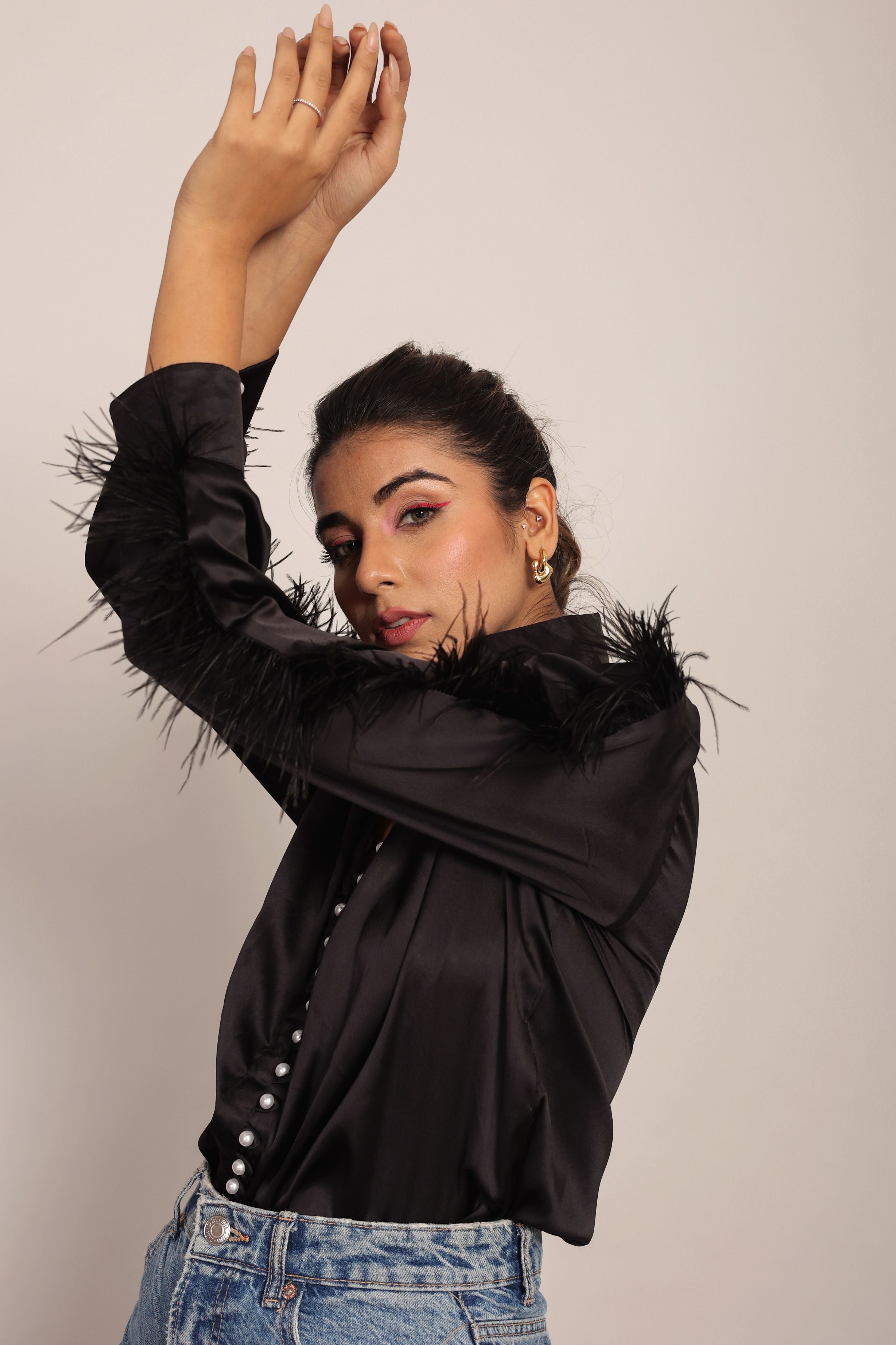 Black Satin Feather Sleeves Shirt - Kaoribyshreya