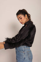 Black Satin Feather Sleeves Shirt - Kaoribyshreya
