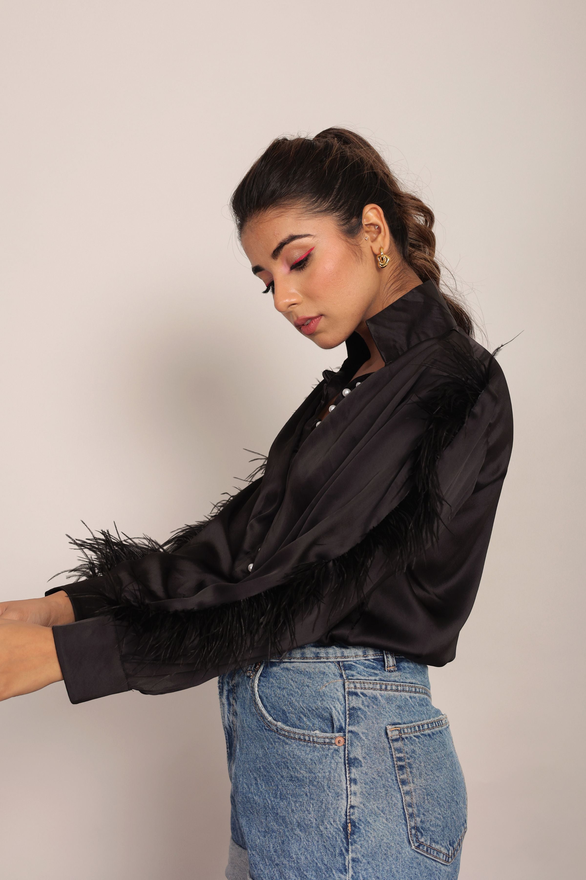 Black Satin Feather Sleeves Shirt - Kaoribyshreya