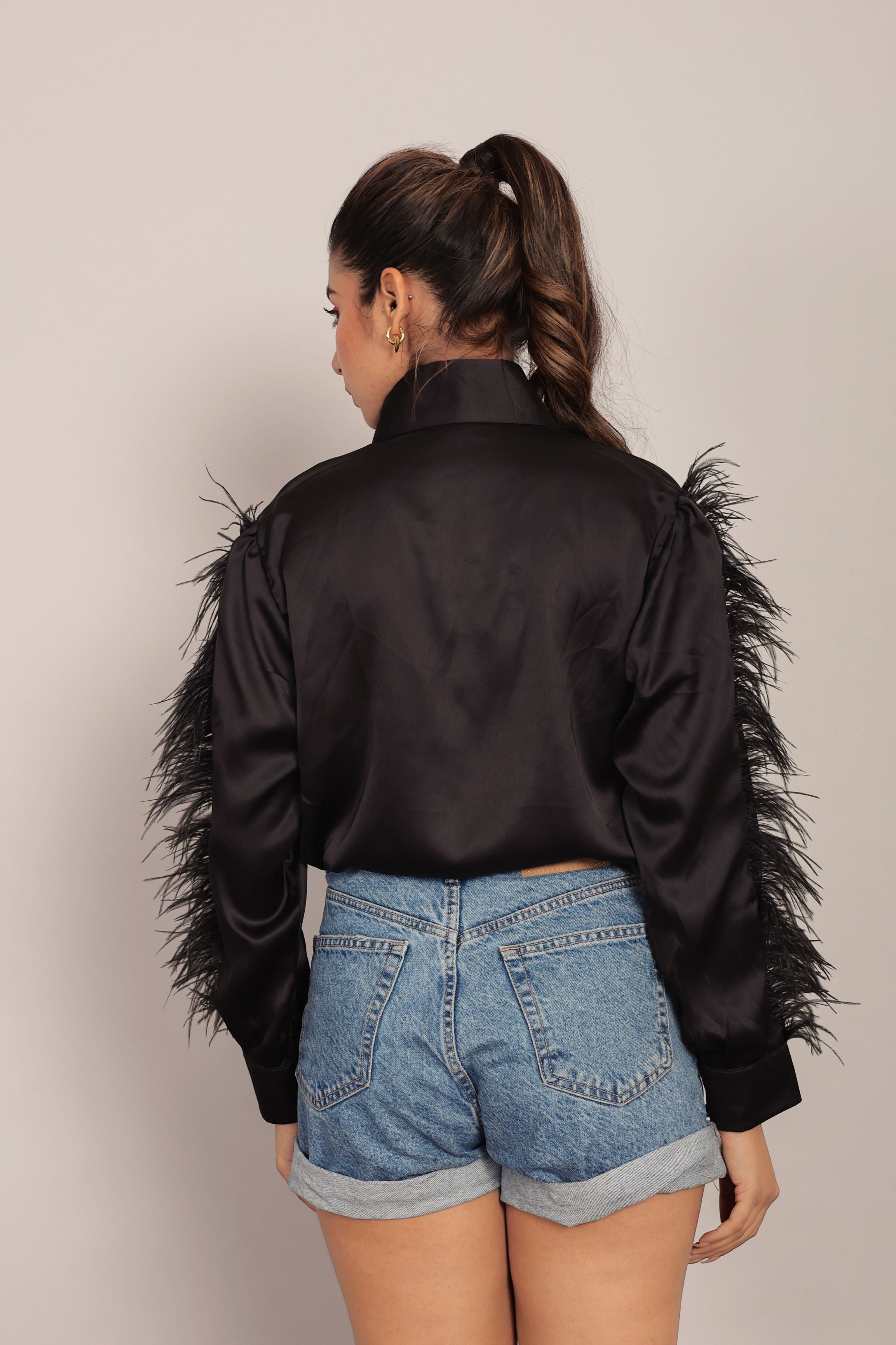 Black Satin Feather Sleeves Shirt - Kaoribyshreya