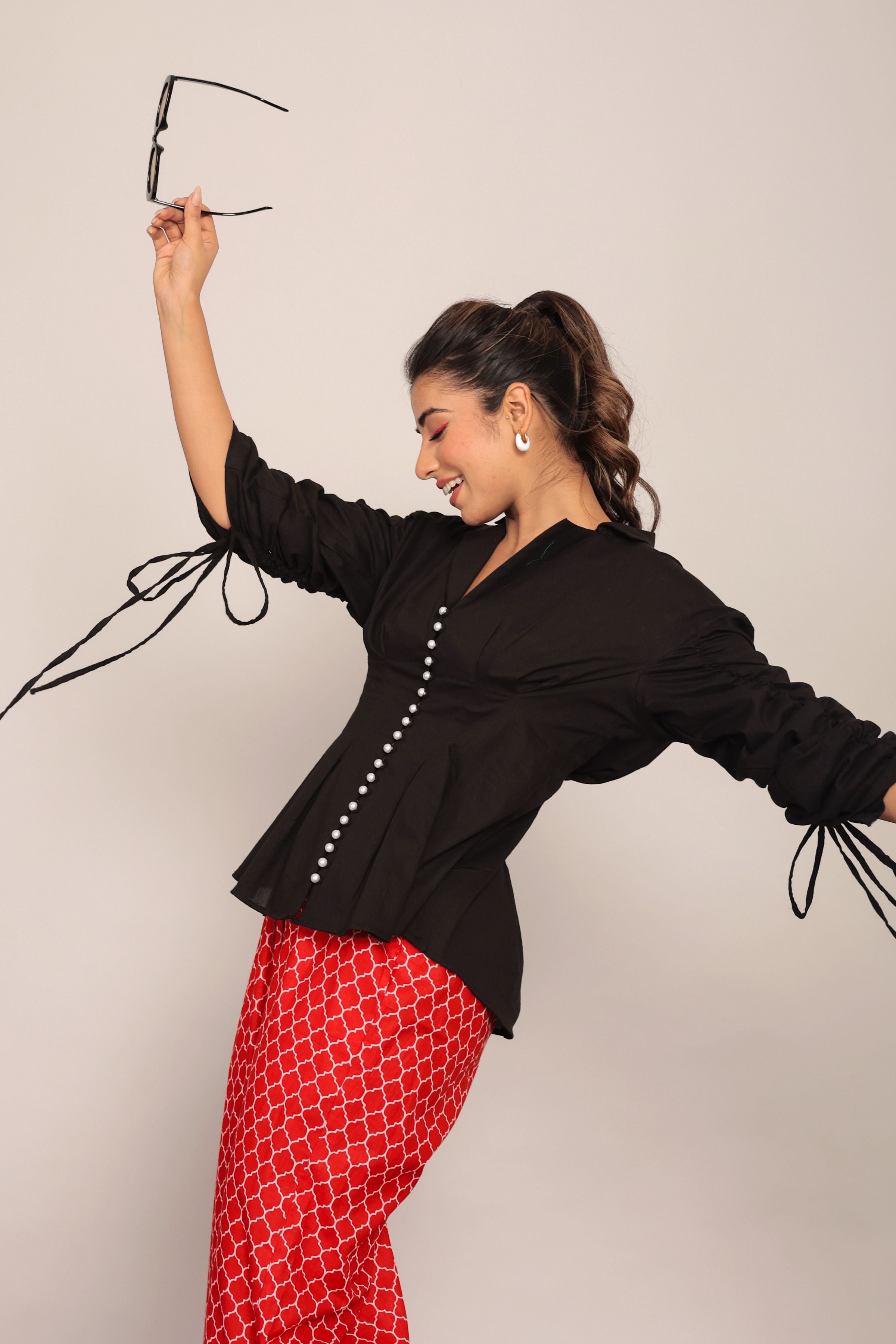 Black Solid Relaxed Shirt with Pearl Button  Detail - Kaoribyshreya
