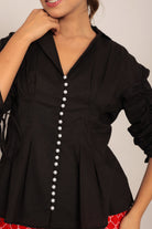 Black Solid Relaxed Shirt with Pearl Button  Detail - Kaoribyshreya