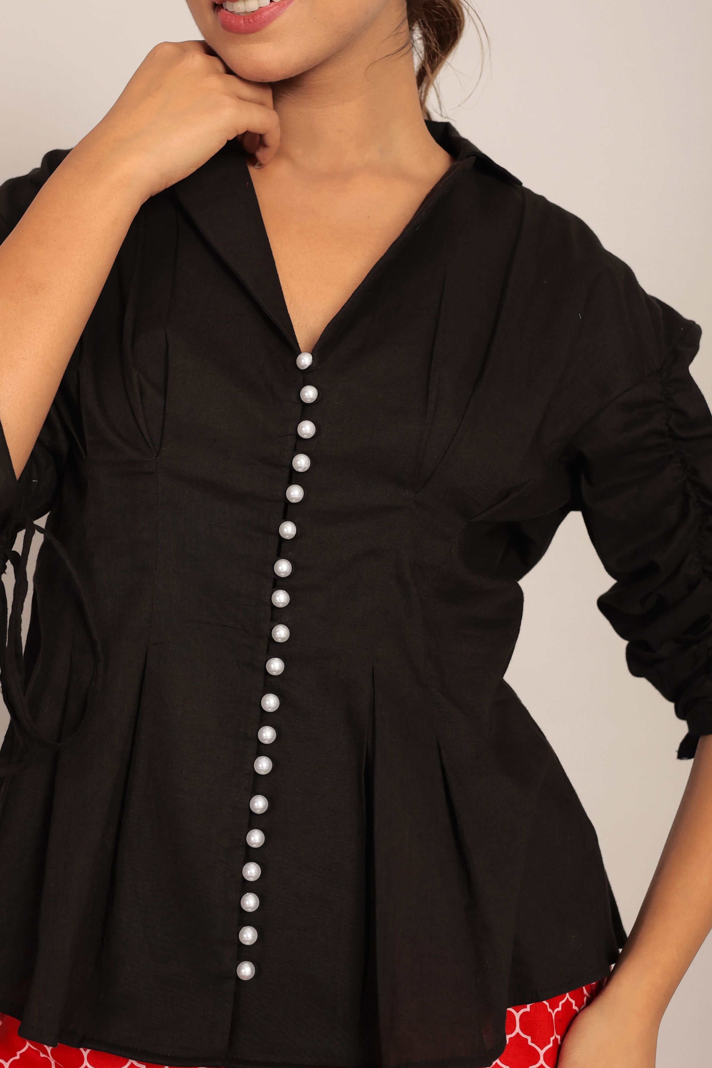 Black Solid Relaxed Shirt with Pearl Button  Detail - Kaoribyshreya