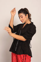 Black Solid Relaxed Shirt with Pearl Button  Detail - Kaoribyshreya