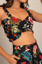 Black Multicolor Floral Printed Western Bust Fitted Top - Kaoribyshreya