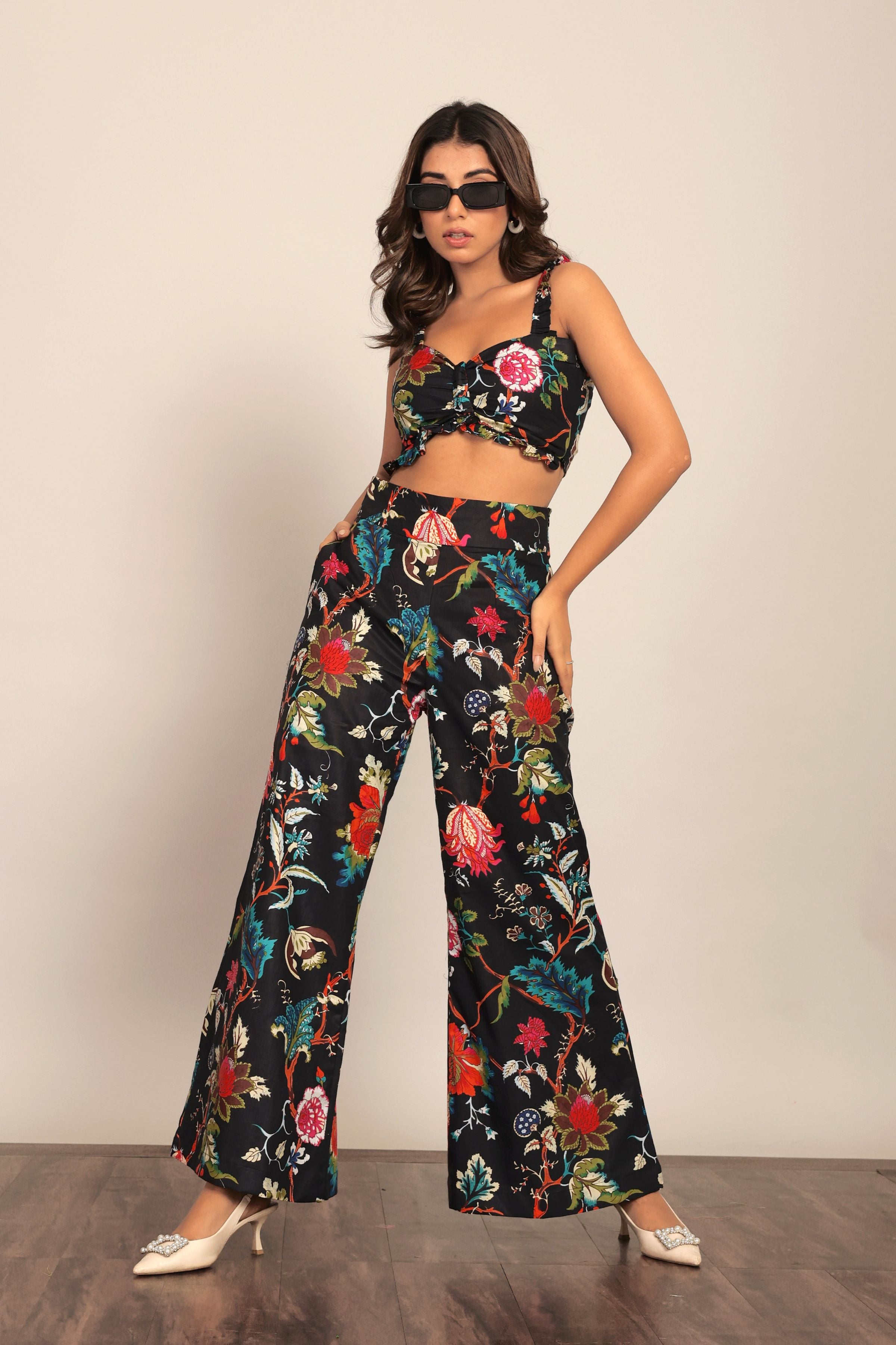 Black Multicolor Floral Printed Western Bust Fitted Top - Kaoribyshreya