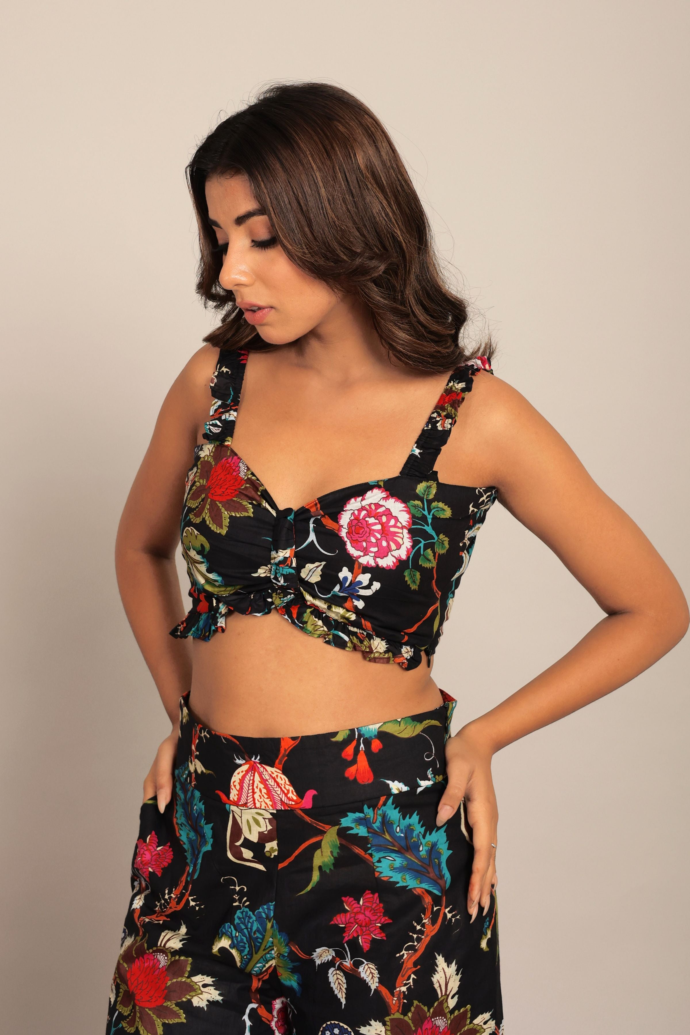 Black Multicolor Floral Printed Western Bust Fitted Top - Kaoribyshreya