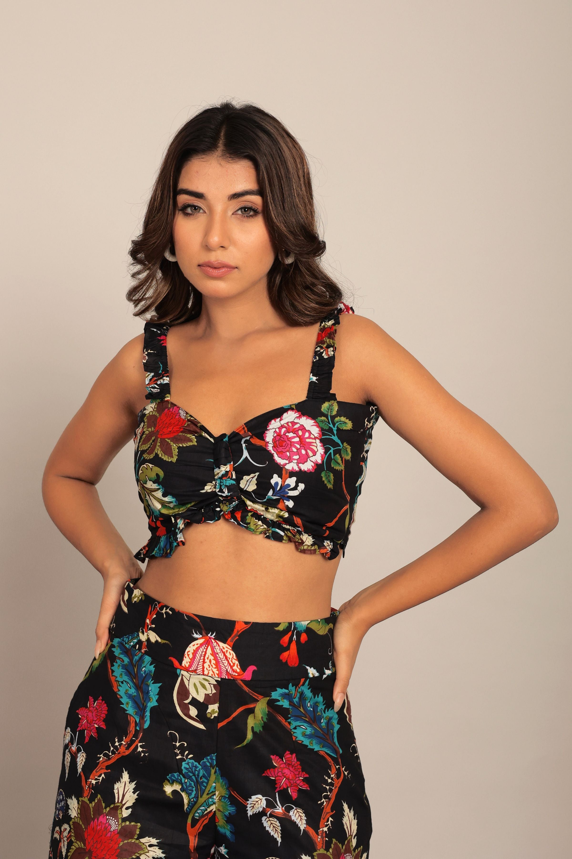 Black Multicolor Floral Printed Western Bust Fitted Top - Kaoribyshreya