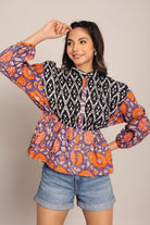 Black Orange and Multicolor Cotton Waist Fitted Summer Top - Kaoribyshreya