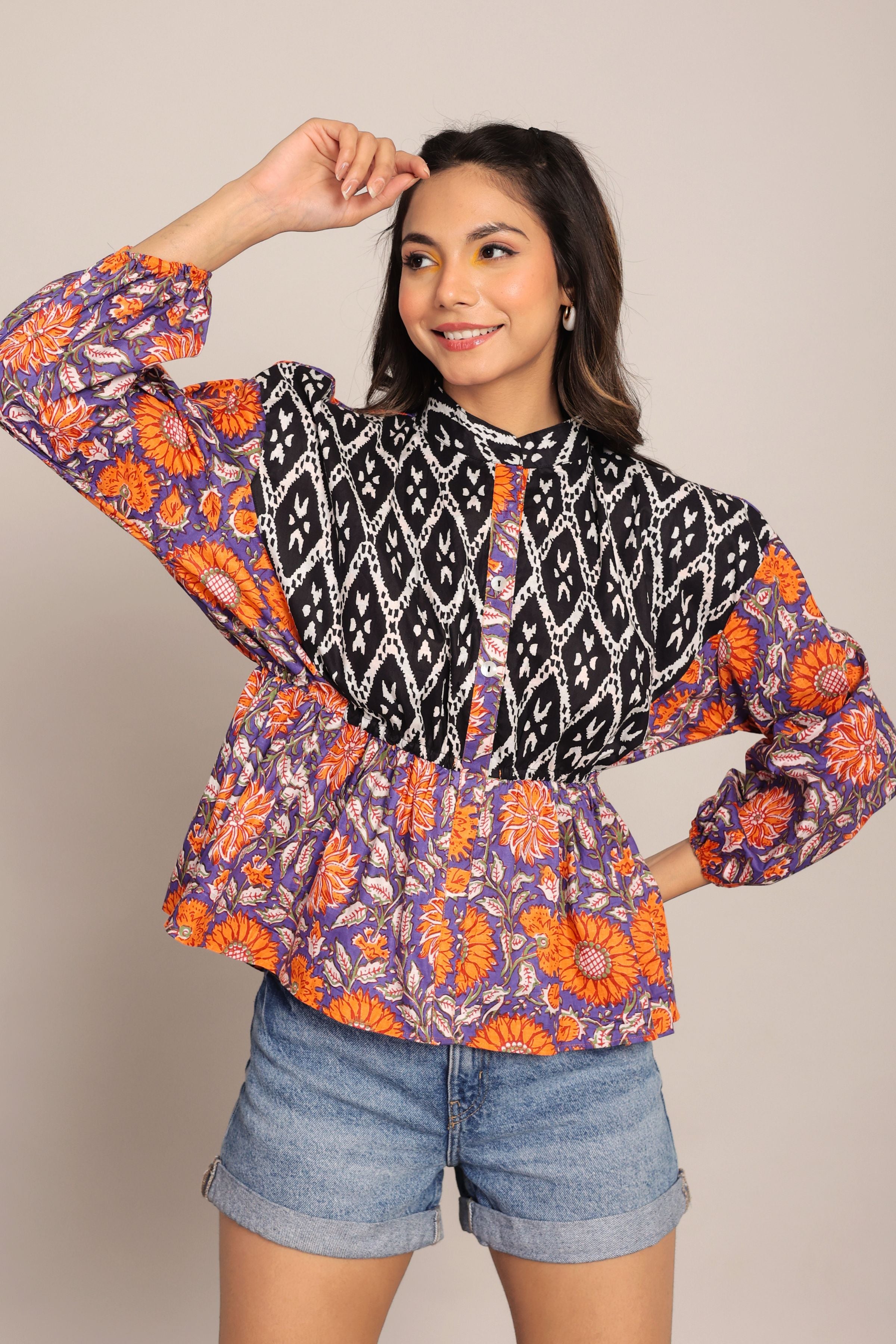 Black Orange and Multicolor Cotton Waist Fitted Summer Top - Kaoribyshreya