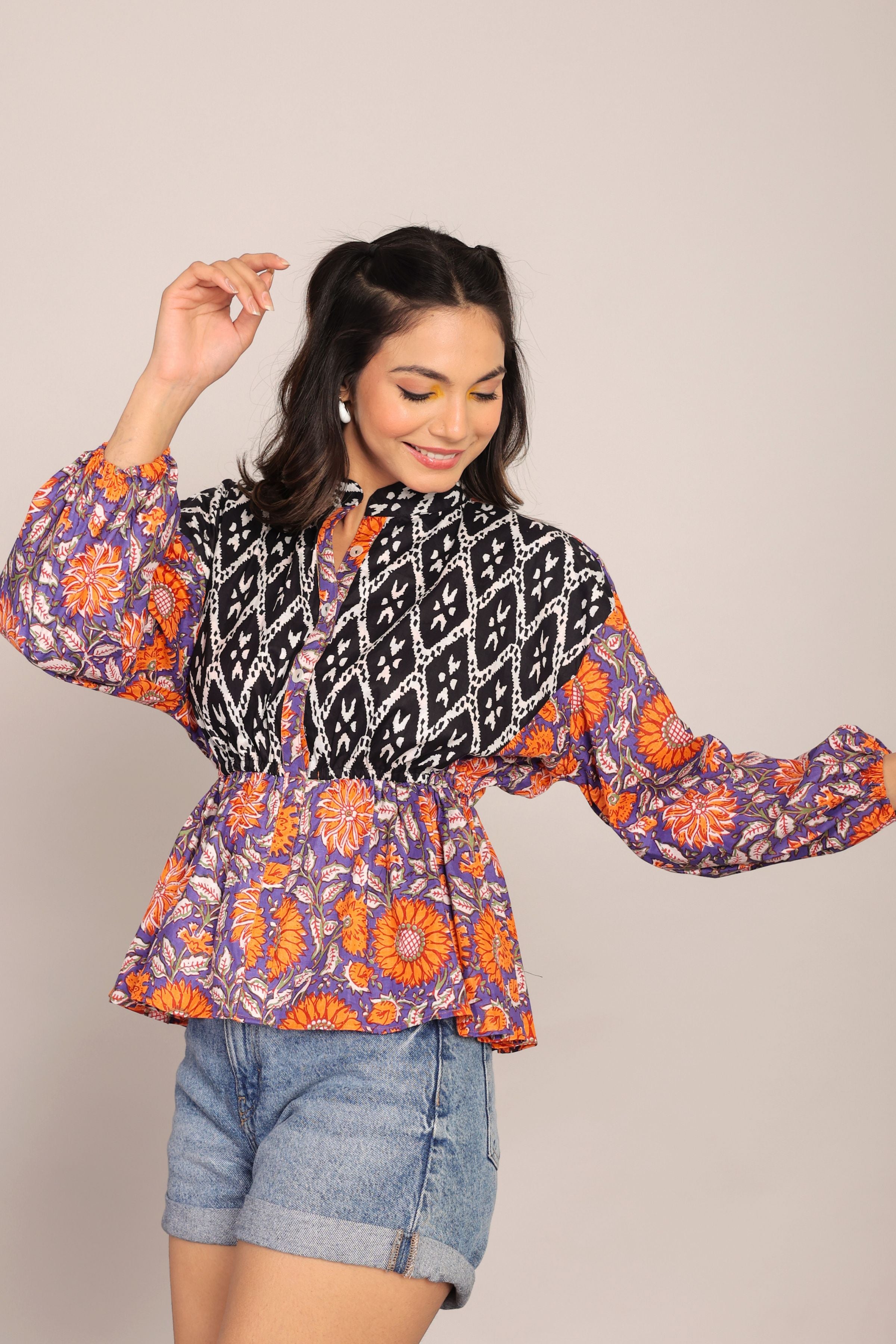 Black Orange and Multicolor Cotton Waist Fitted Summer Top - Kaoribyshreya