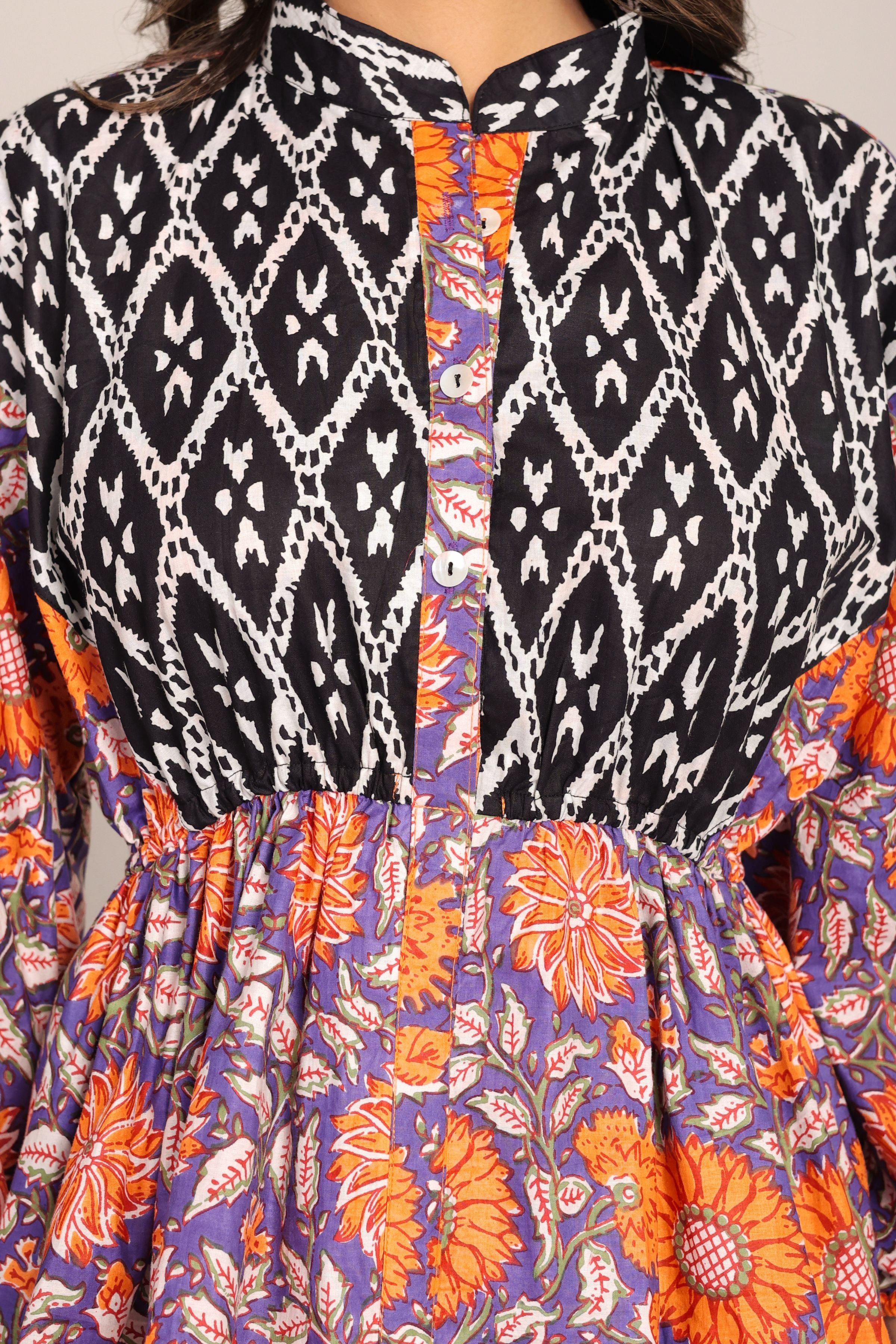 Black Orange and Multicolor Cotton Waist Fitted Summer Top - Kaoribyshreya