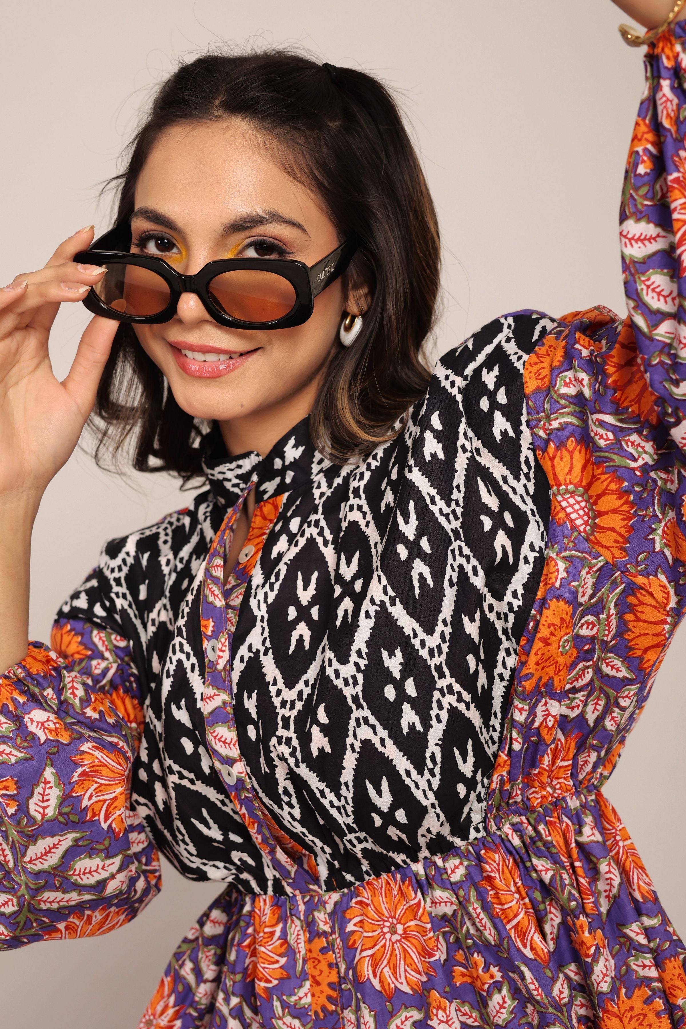 Black Orange and Multicolor Cotton Waist Fitted Summer Top - Kaoribyshreya