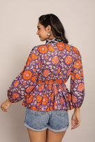 Black Orange and Multicolor Cotton Waist Fitted Summer Top - Kaoribyshreya