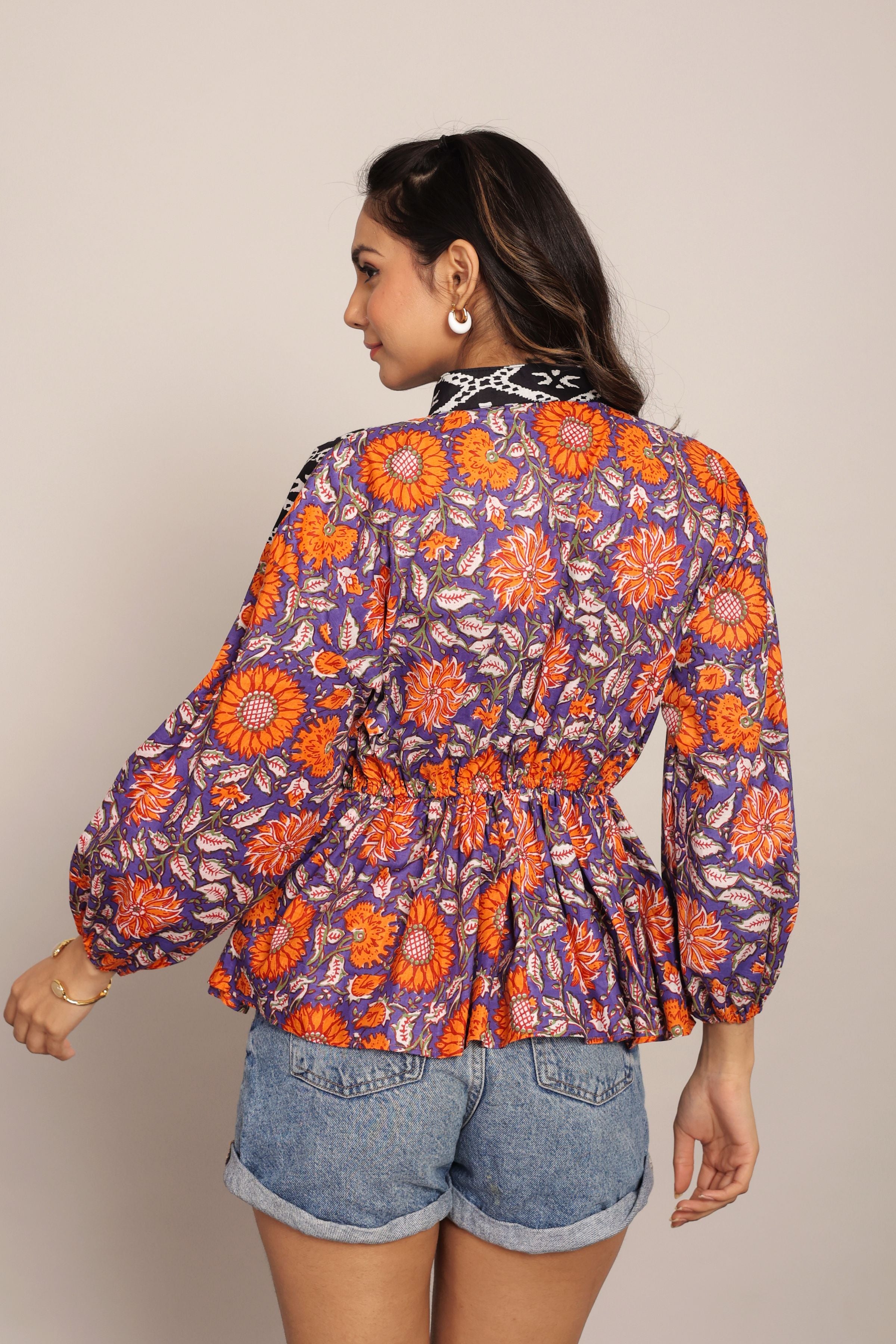 Black Orange and Multicolor Cotton Waist Fitted Summer Top - Kaoribyshreya