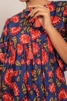 Blue and Multicolor Floral Cotton Summer Relaxed Top - Kaoribyshreya