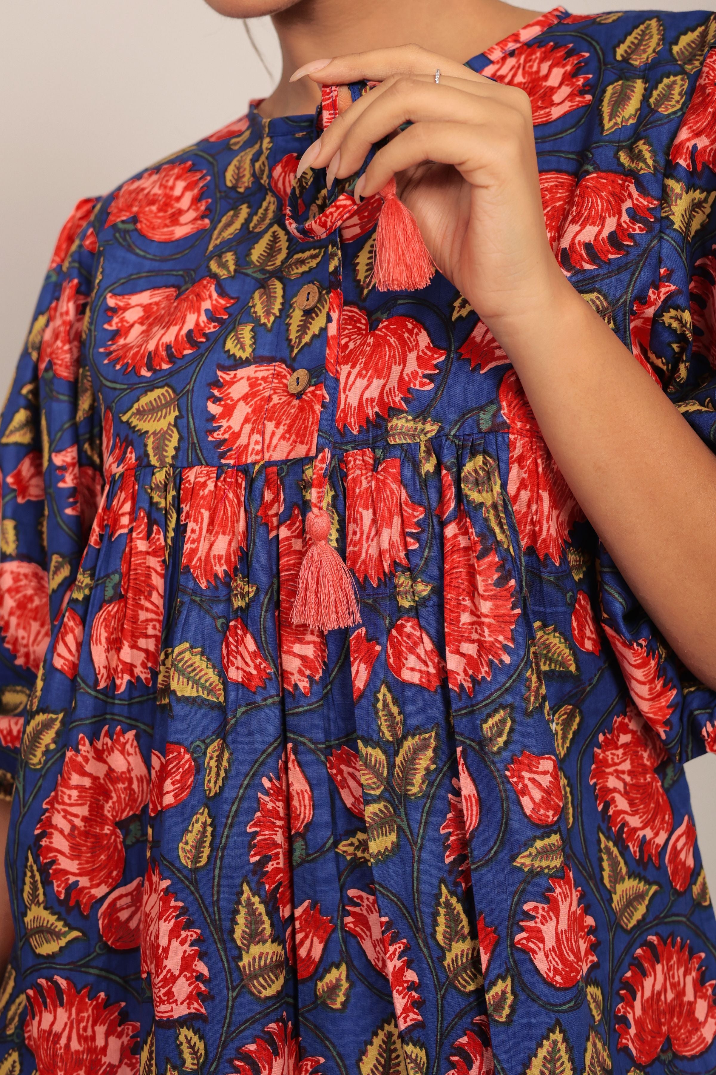 Blue and Multicolor Floral Cotton Summer Relaxed Top - Kaoribyshreya