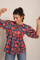 Blue and Multicolor Floral Cotton Summer Relaxed Top - Kaoribyshreya