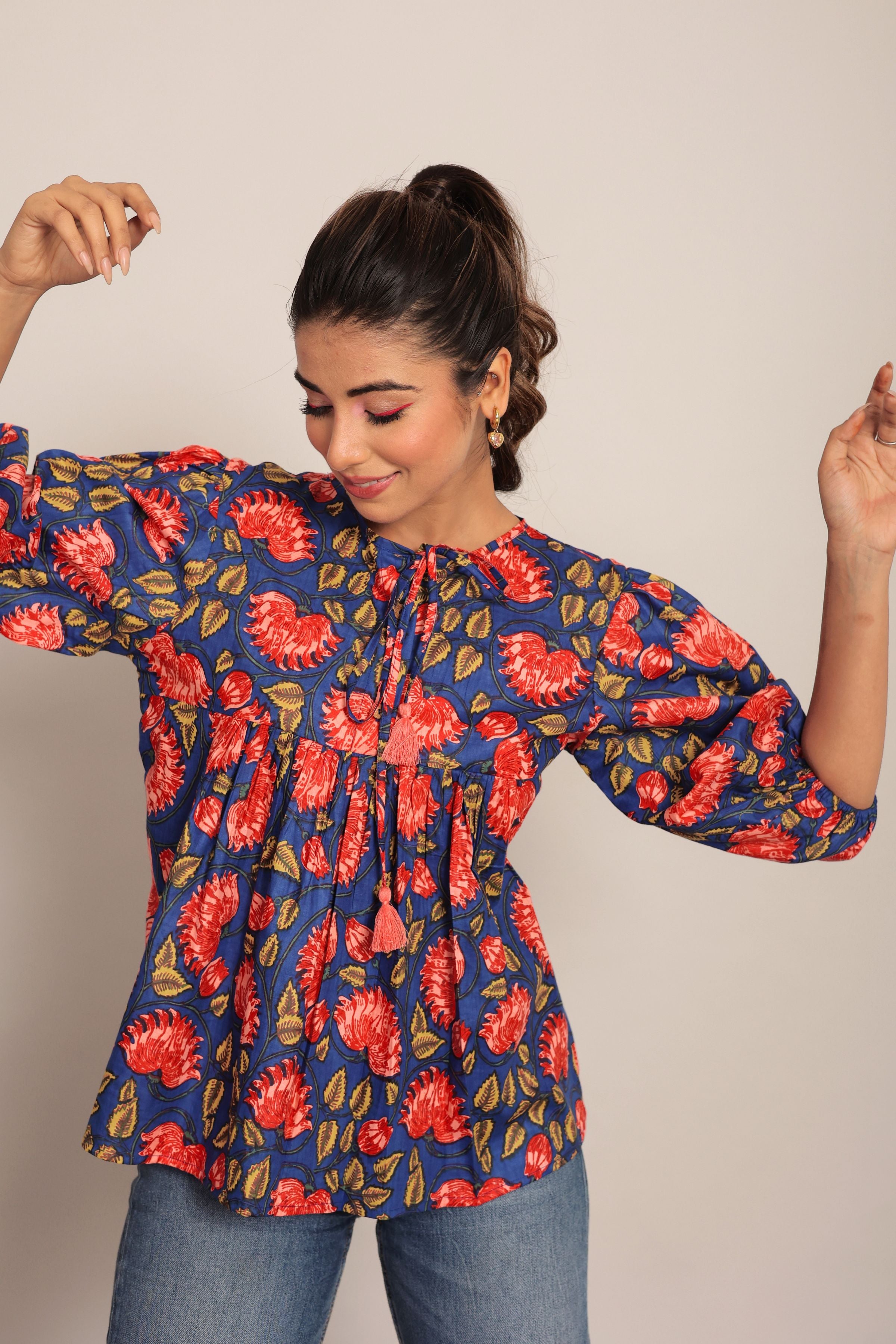 Blue and Multicolor Floral Cotton Summer Relaxed Top - Kaoribyshreya
