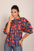 Blue and Multicolor Floral Cotton Summer Relaxed Top - Kaoribyshreya