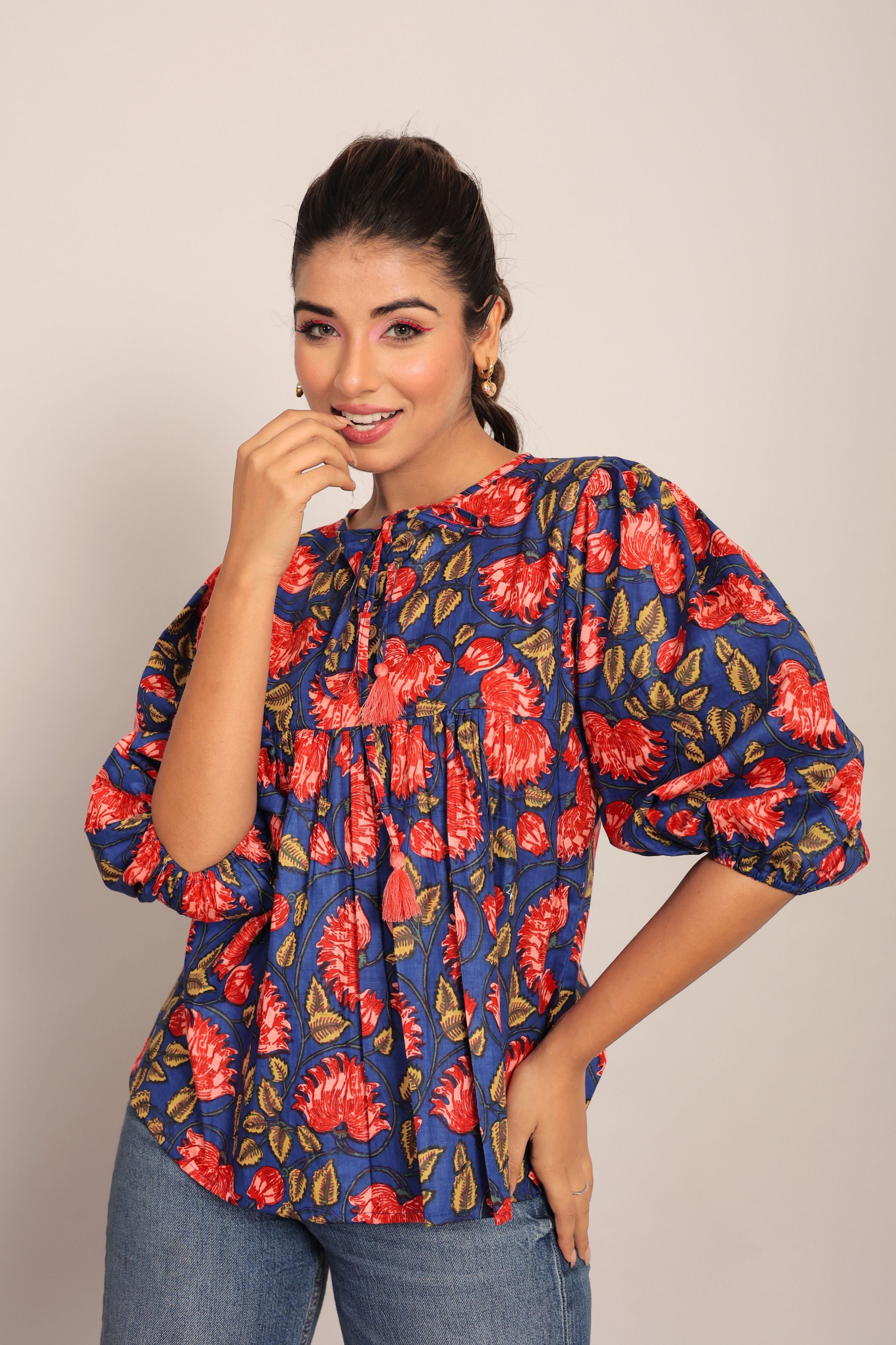 Blue and Multicolor Floral Cotton Summer Relaxed Top - Kaoribyshreya