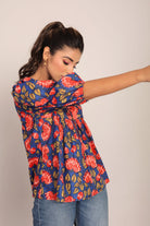 Blue and Multicolor Floral Cotton Summer Relaxed Top - Kaoribyshreya