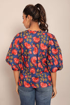 Blue and Multicolor Floral Cotton Summer Relaxed Top - Kaoribyshreya