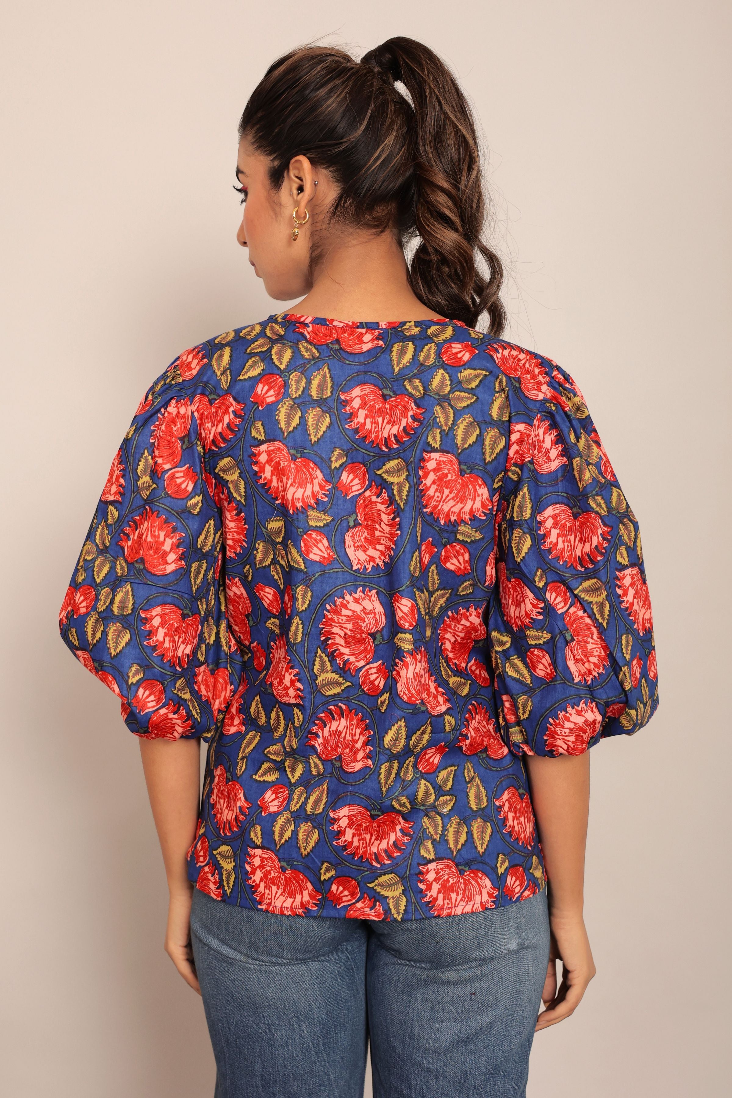 Blue and Multicolor Floral Cotton Summer Relaxed Top - Kaoribyshreya