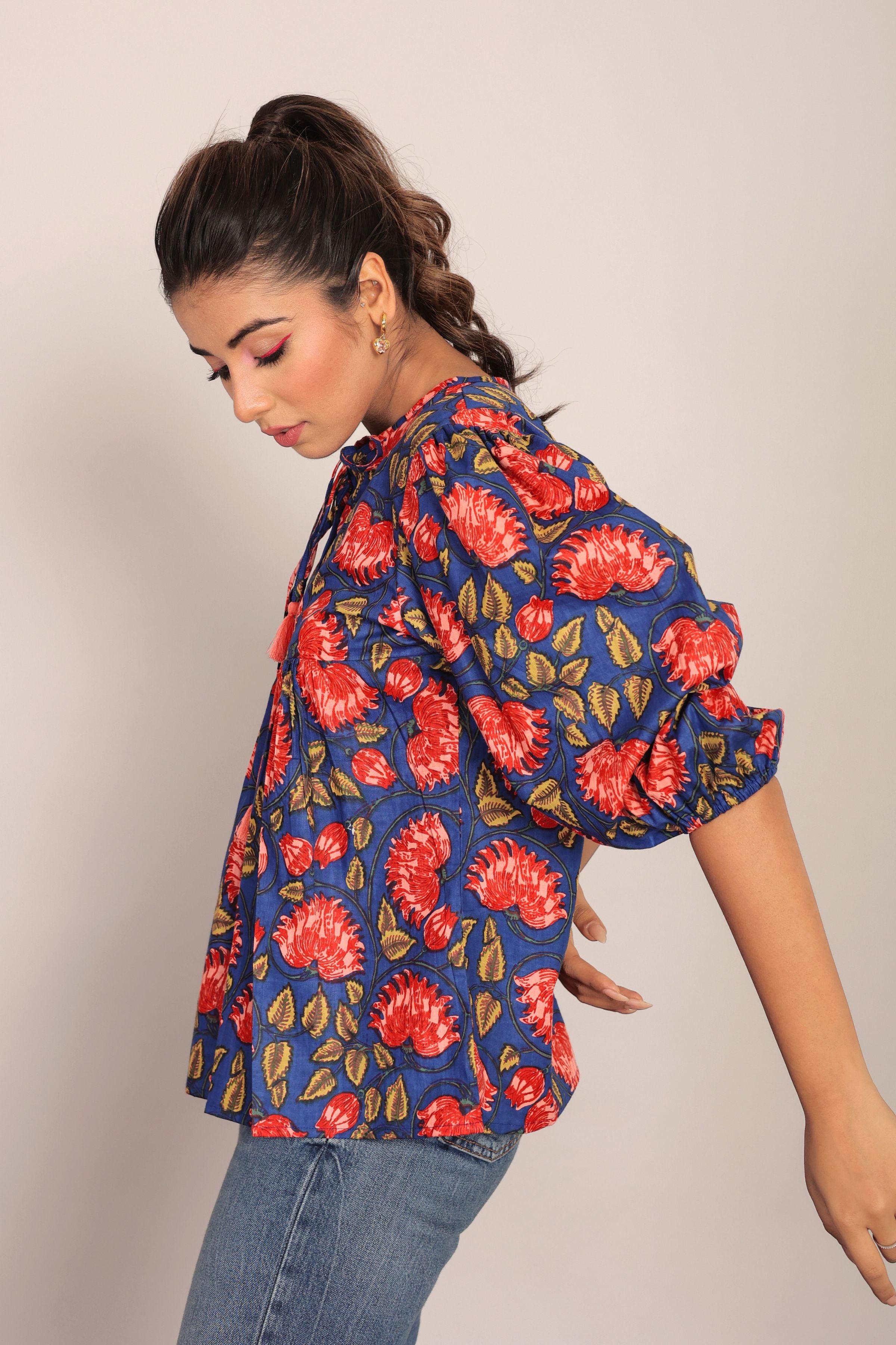 Blue and Multicolor Floral Cotton Summer Relaxed Top - Kaoribyshreya