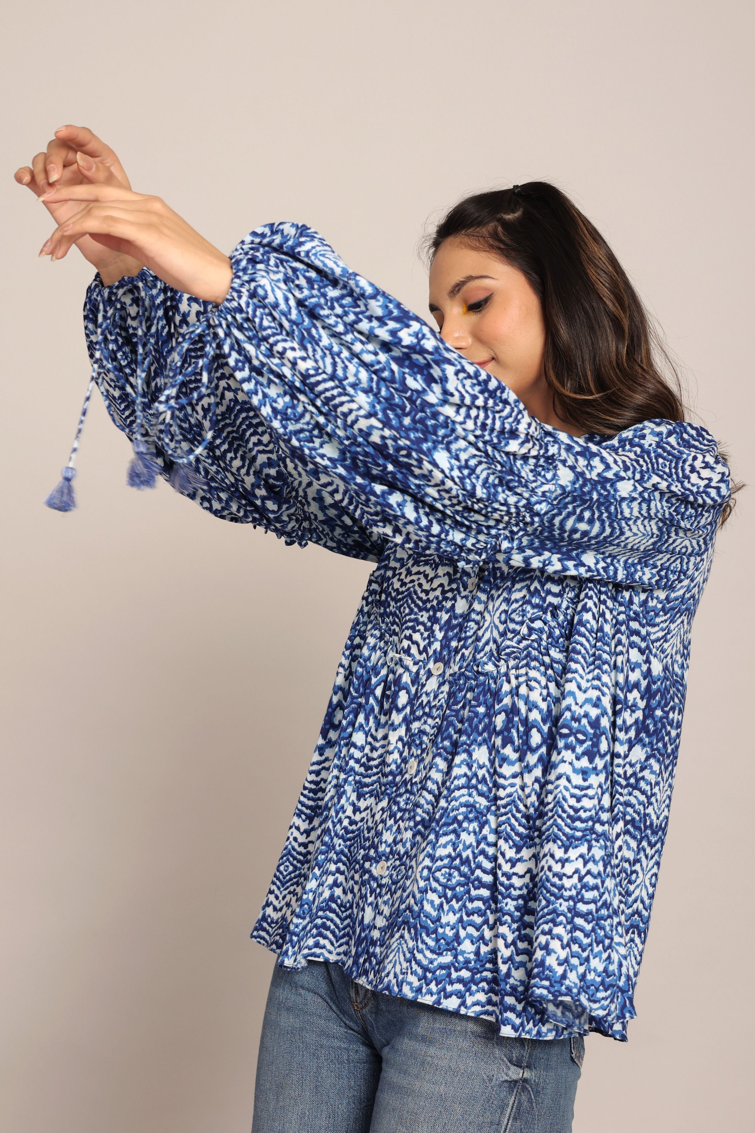 Blue and White Full Sleeve Top With Collar - Kaoribyshreya