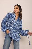 Blue and White Full Sleeve Top With Collar - Kaoribyshreya