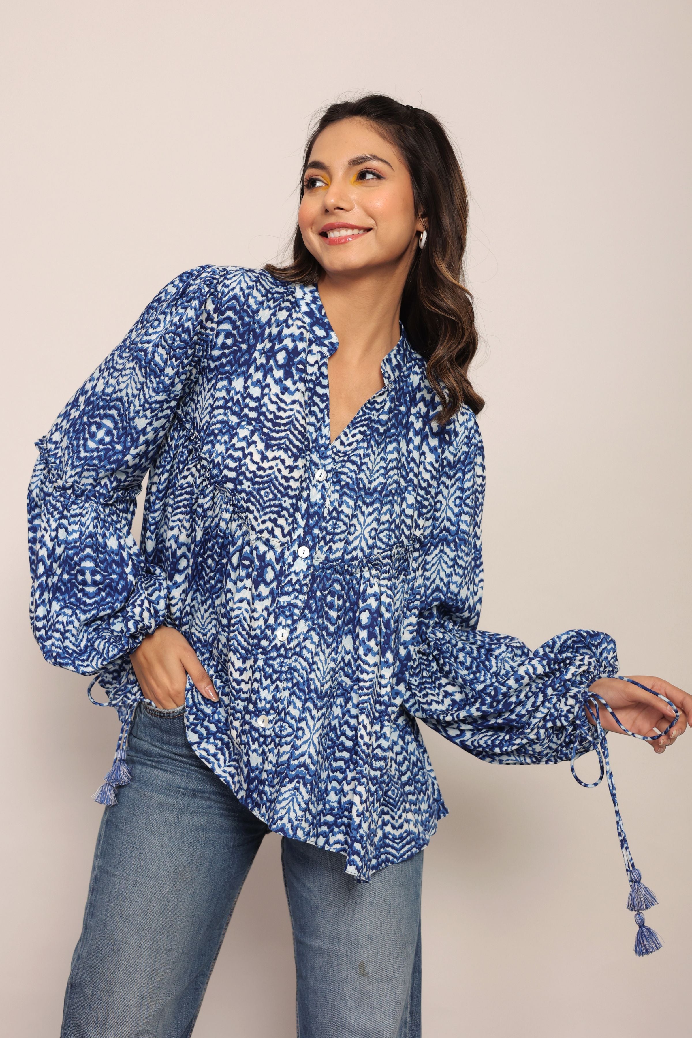Blue and White Full Sleeve Top With Collar - Kaoribyshreya