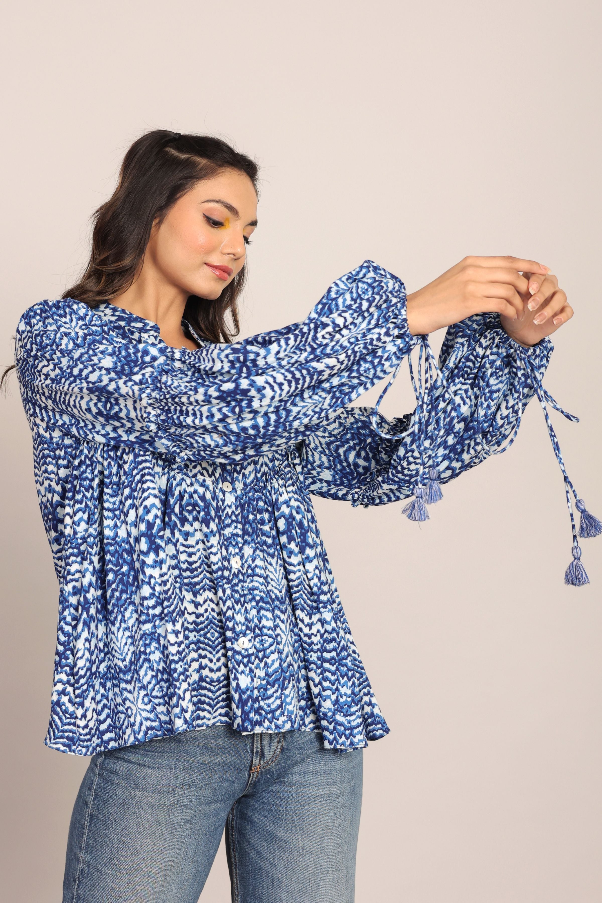 Blue and White Full Sleeve Top With Collar - Kaoribyshreya