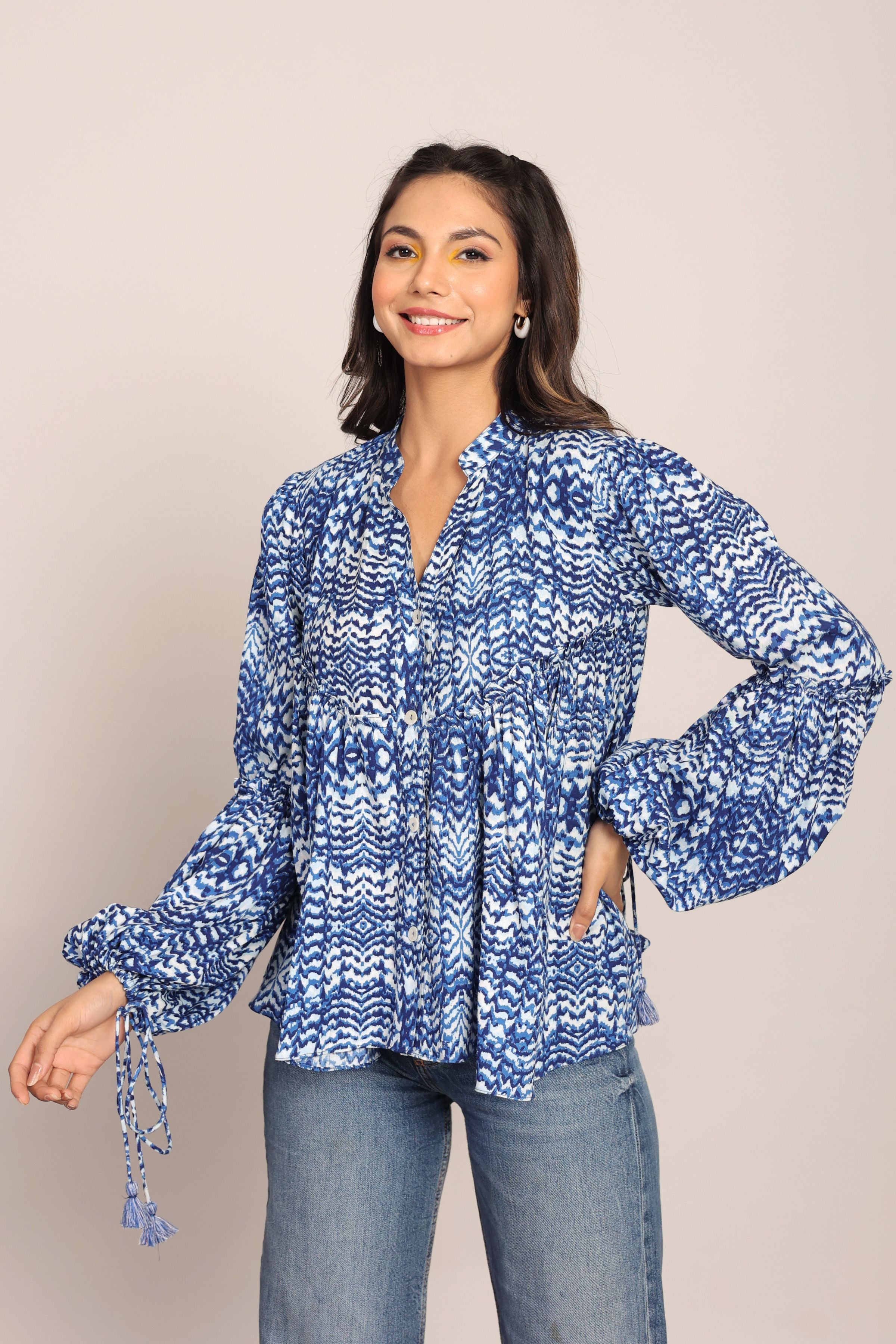 Blue and White Full Sleeve Top With Collar - Kaoribyshreya