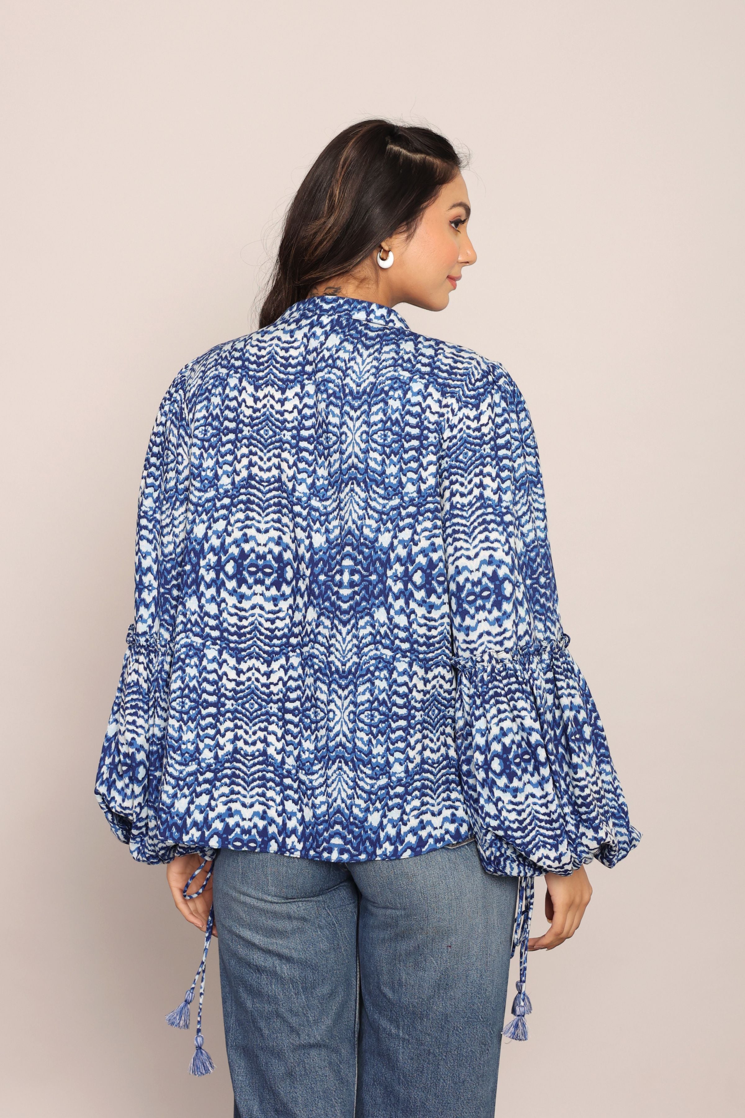 Blue and White Full Sleeve Top With Collar - Kaoribyshreya