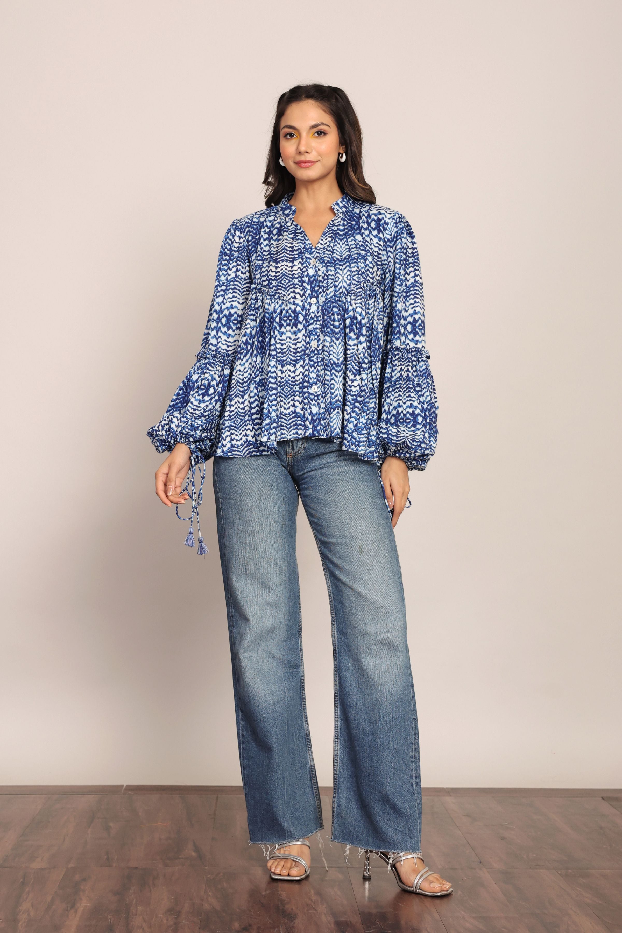 Blue and White Full Sleeve Top With Collar - Kaoribyshreya