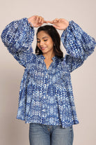 Blue and White Full Sleeve Top With Collar - Kaoribyshreya