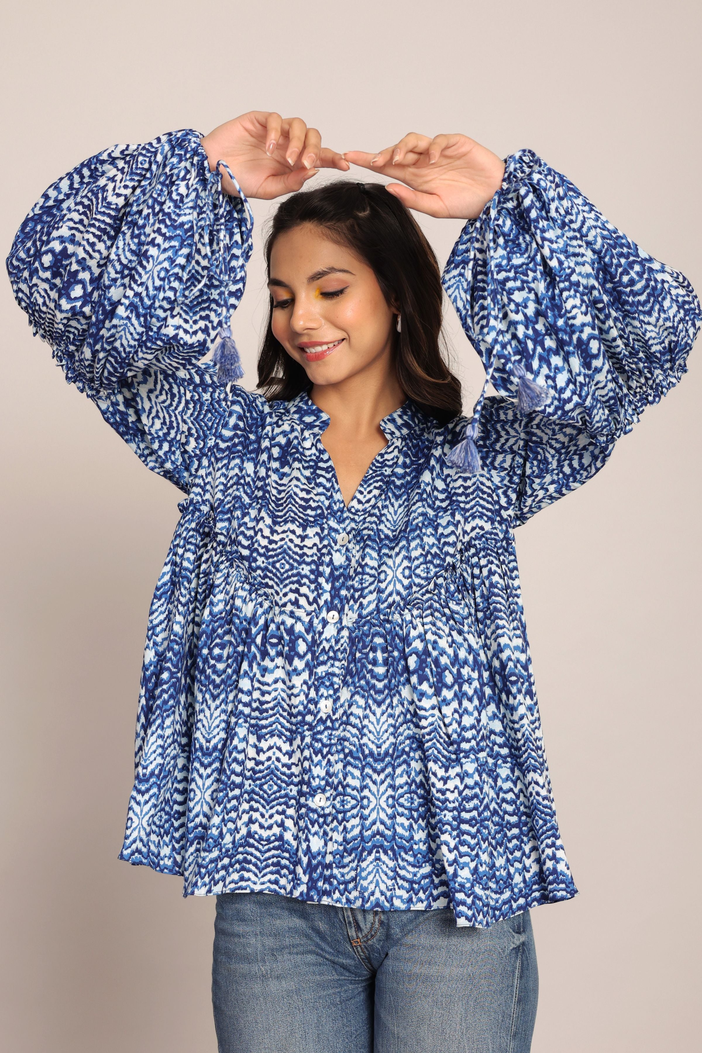 Blue and White Full Sleeve Top With Collar - Kaoribyshreya